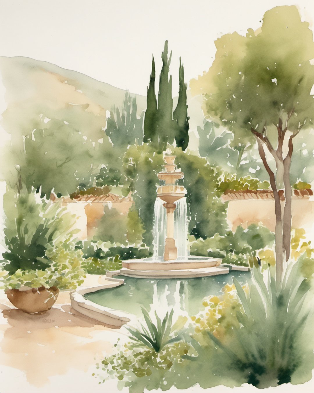 Watercolour of Castle Gardens, Malaga