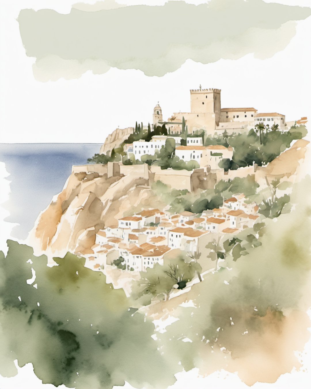 Watercolour of Santa Bárbara Castle, Alicante