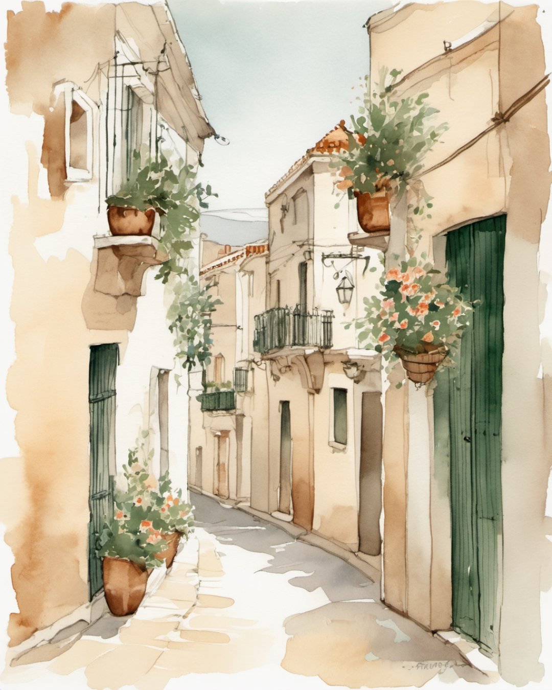 Watercolour of Barrio Santa Cruz, Alicante