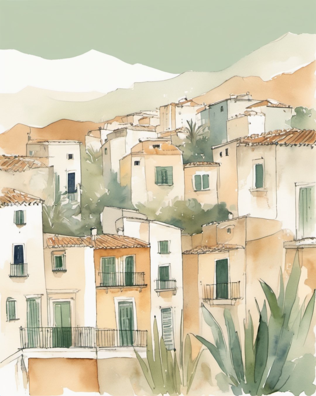 Watercolour of El Barrio Houses, Alicante