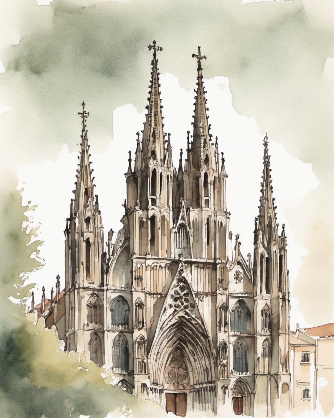 Watercolour of Barcelona Cathedral, Barcelona