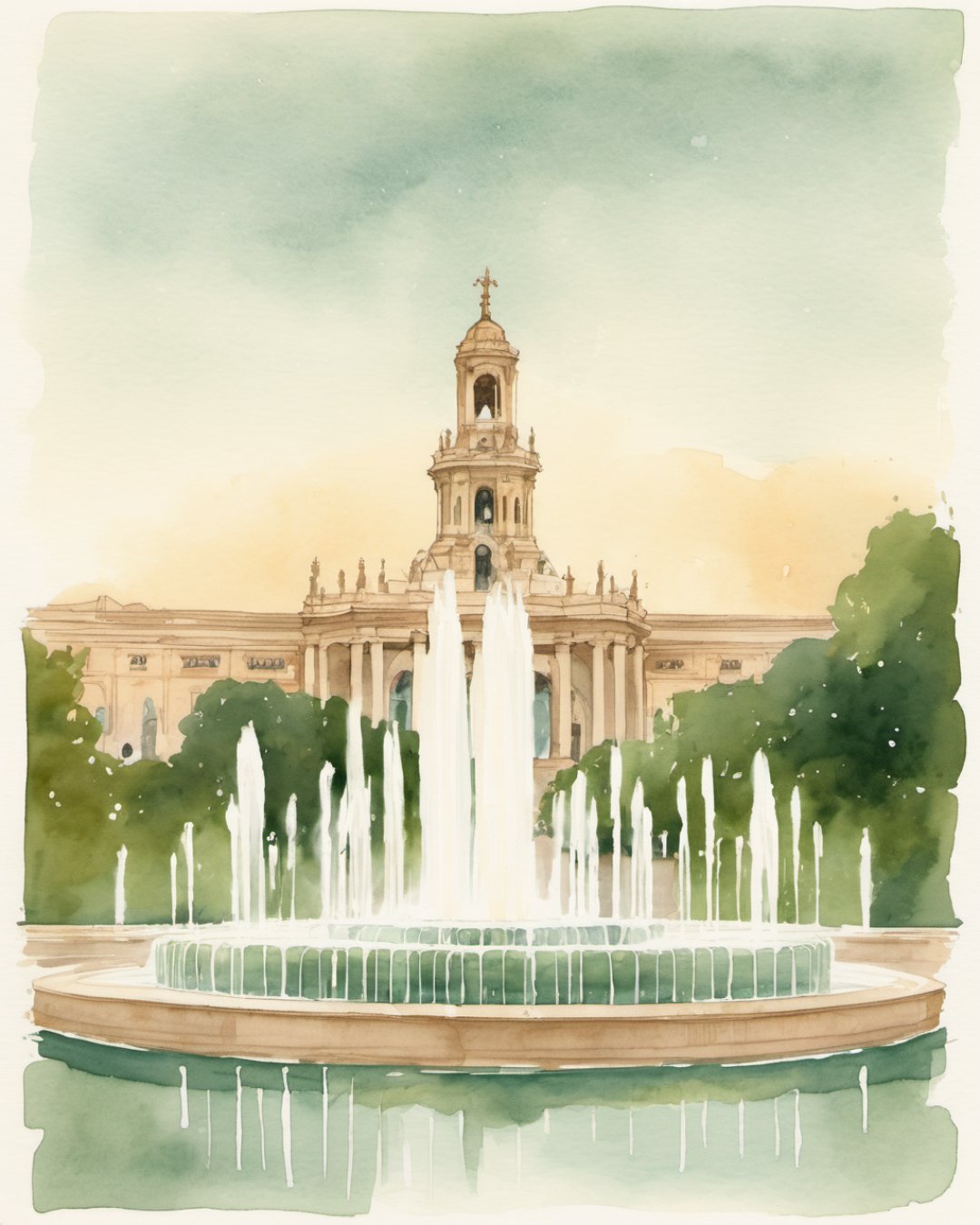 Watercolour of Montjuïc Fountain, Barcelona