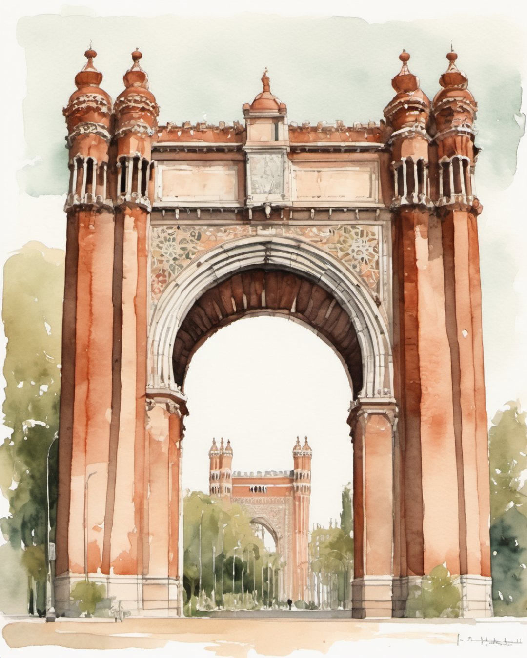 Watercolour of Arc de Triomf, Barcelona