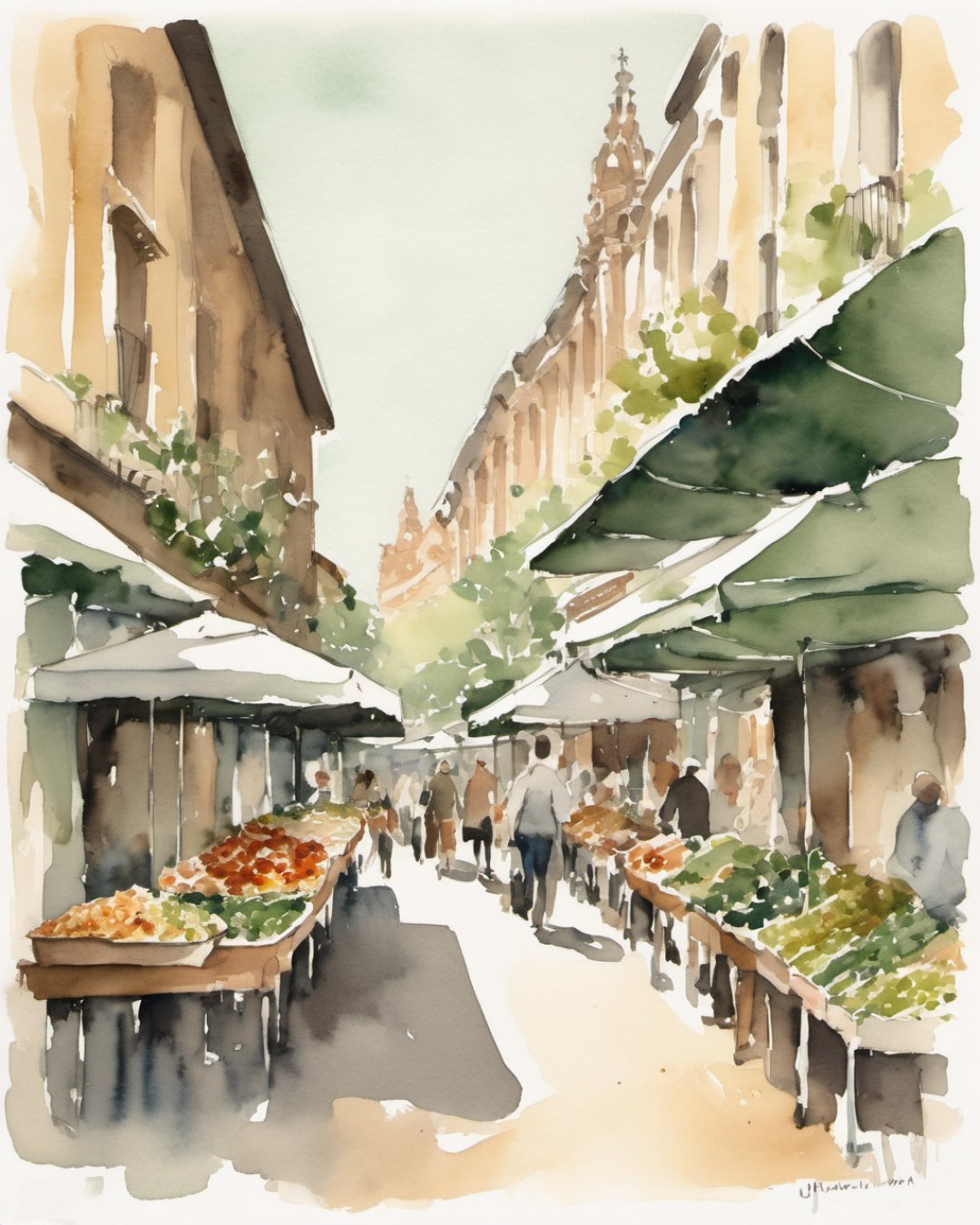 Watercolour of La Boqueria, Barcelona