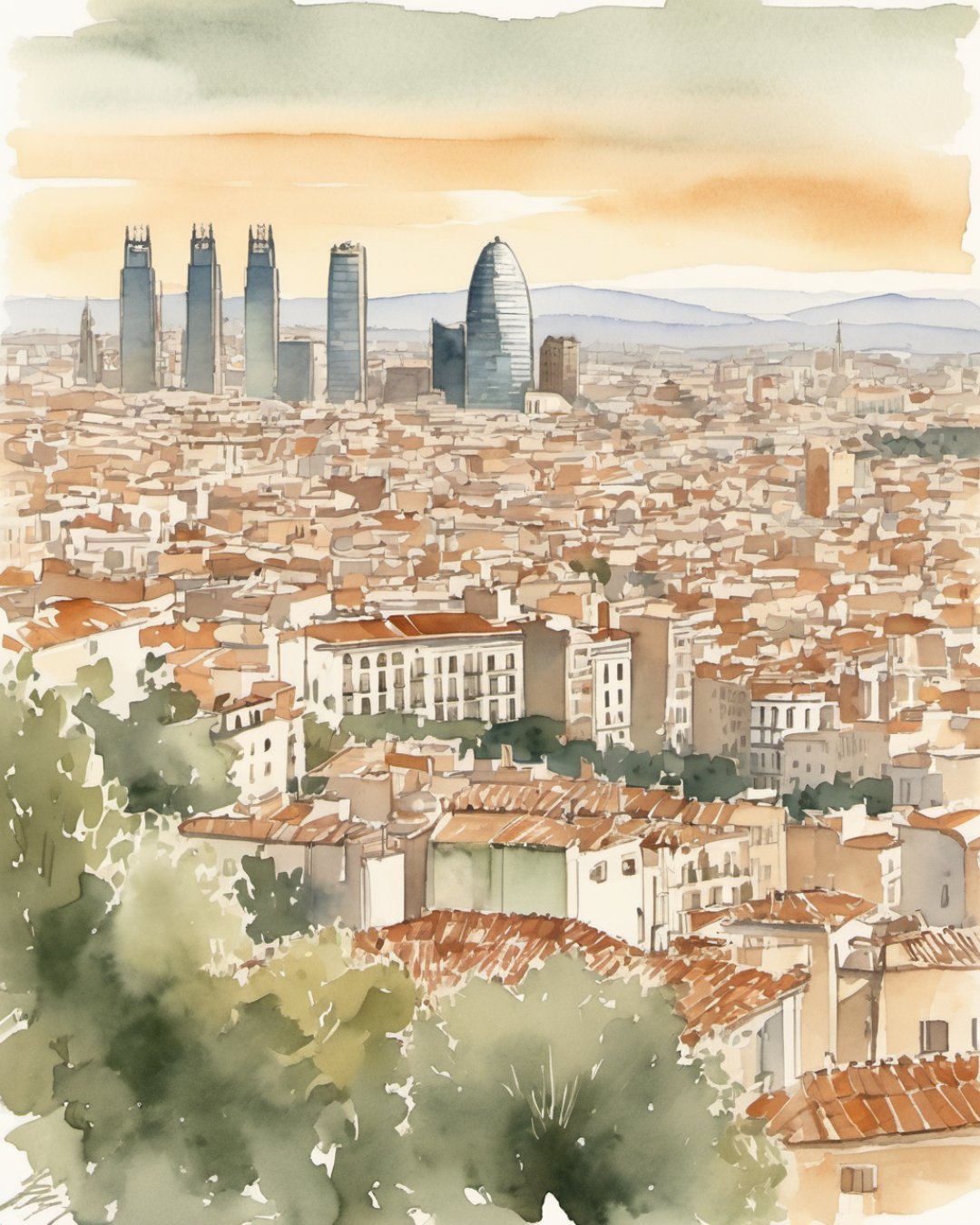 Watercolour of Bunkers del Carmel, Barcelona