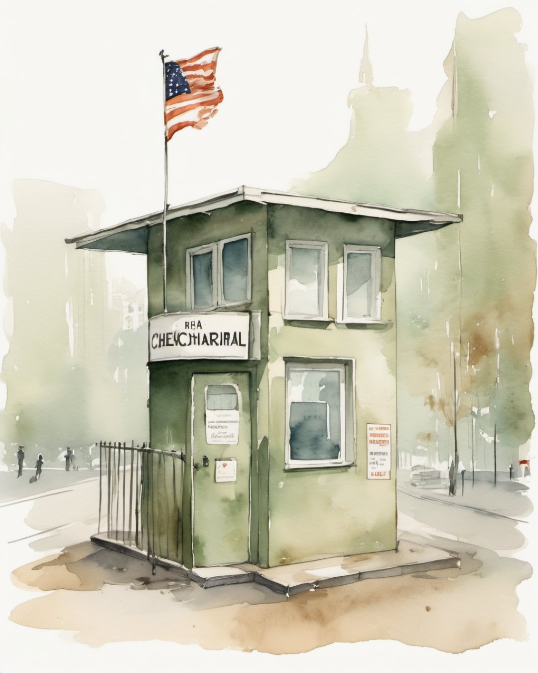 Watercolour of Checkpoint Charlie, Berlin