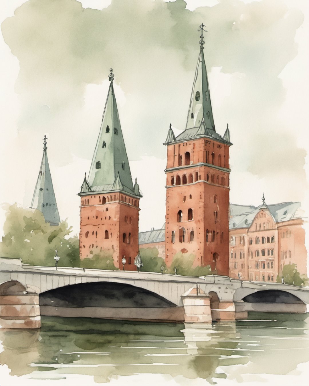 Watercolour of Oberbaum Bridge, Berlin