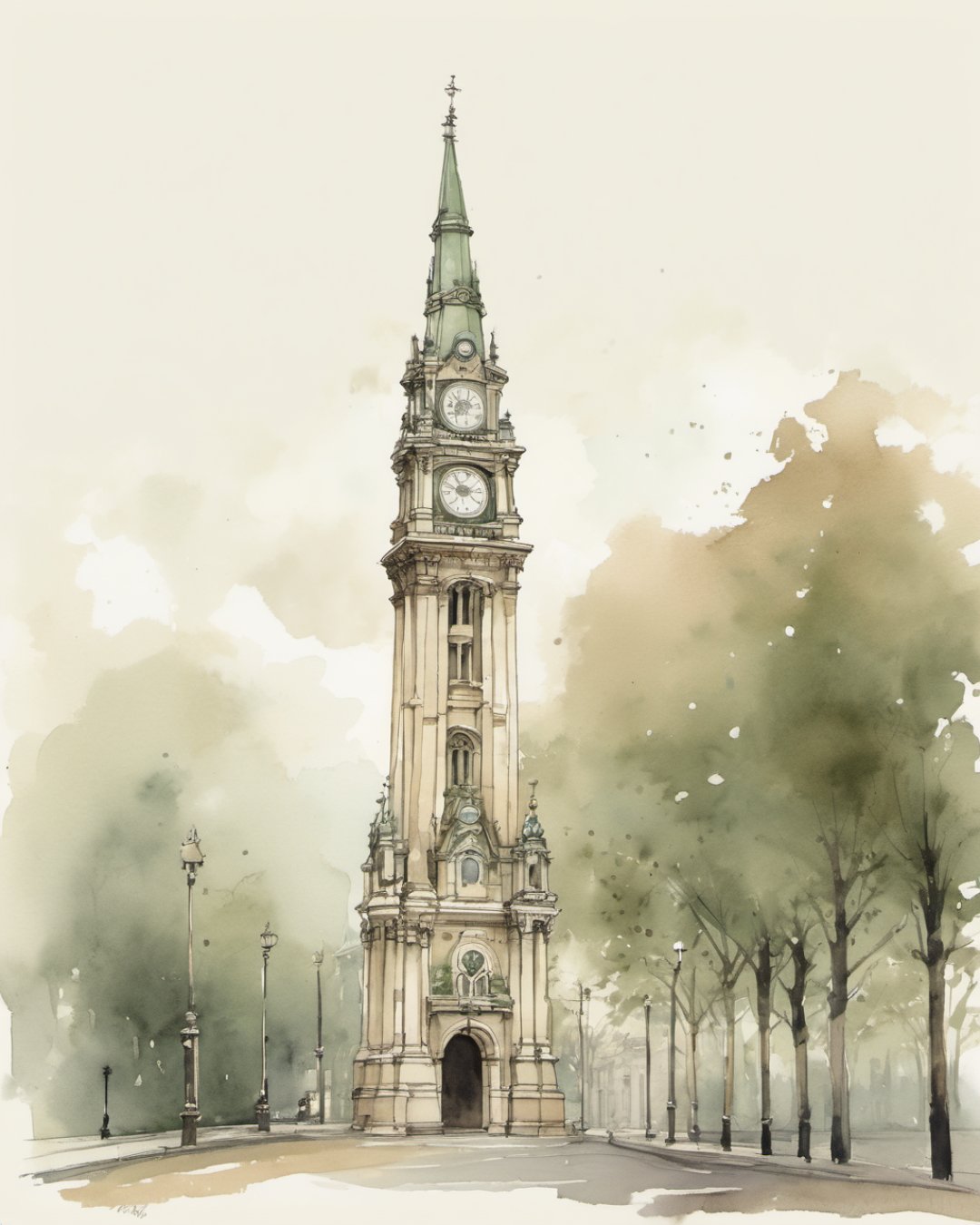 Watercolour of Albert Clock, Belfast