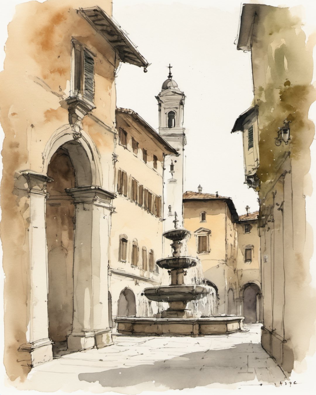 Watercolour of Piazza Vecchia, Bergamo