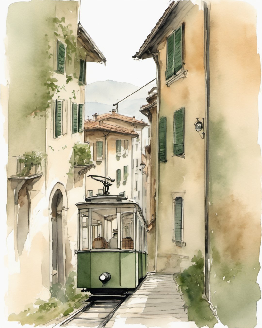 Watercolour of The Funicular, Bergamo
