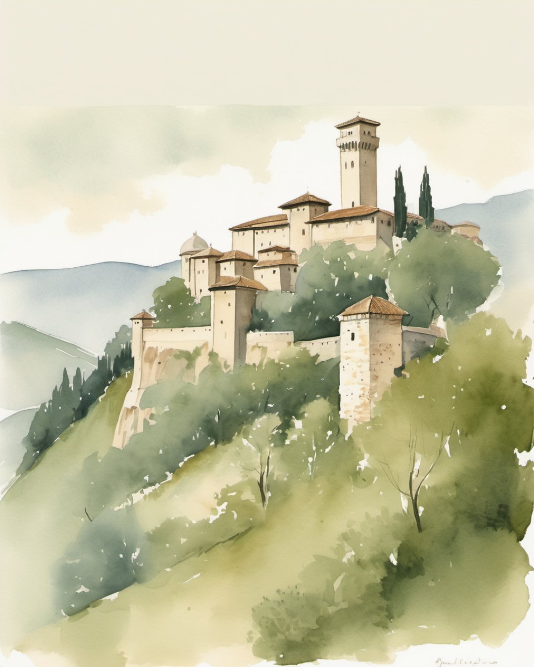 Watercolour of Rocca Fortress, Bergamo