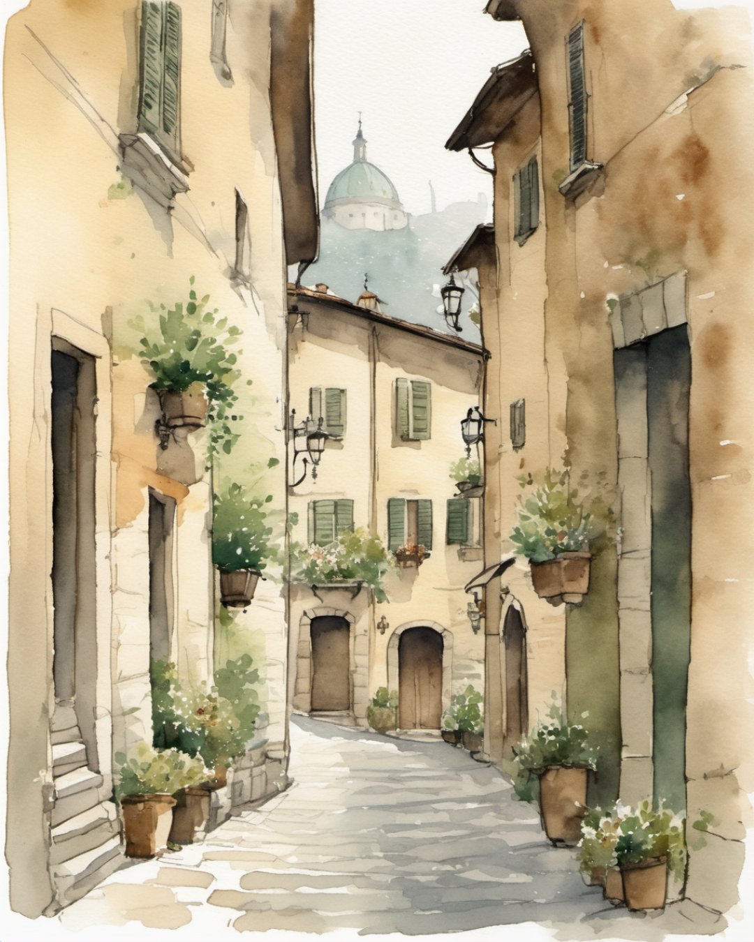 Watercolour of Old Town Lanes, Bergamo