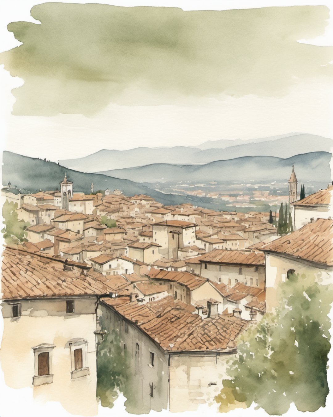 Watercolour of View Over Lower Town, Bergamo