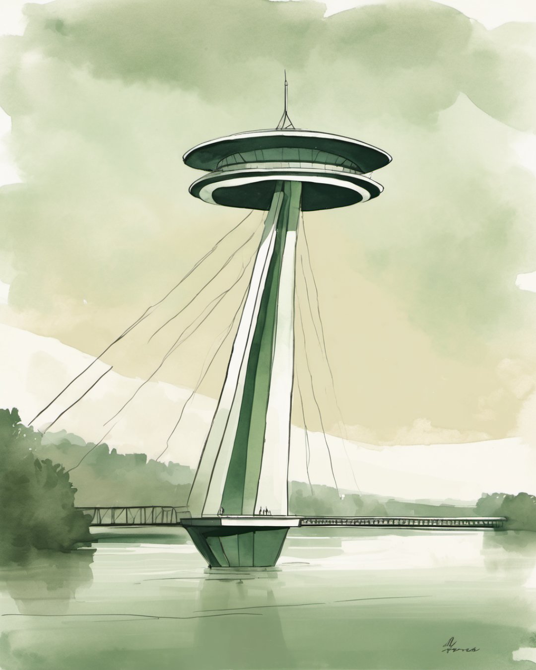 Watercolour of UFO Bridge, Bratislava