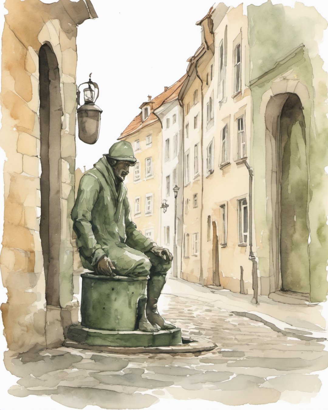 Watercolour of Cumil Statue, Bratislava