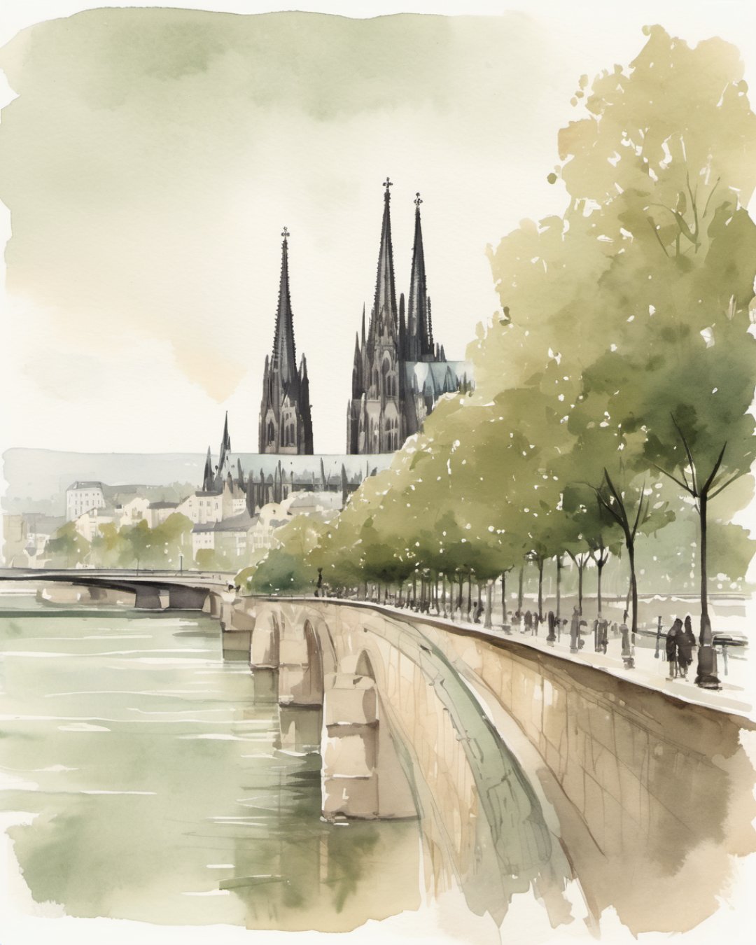 Watercolour of Rhine Riverfront, Cologne
