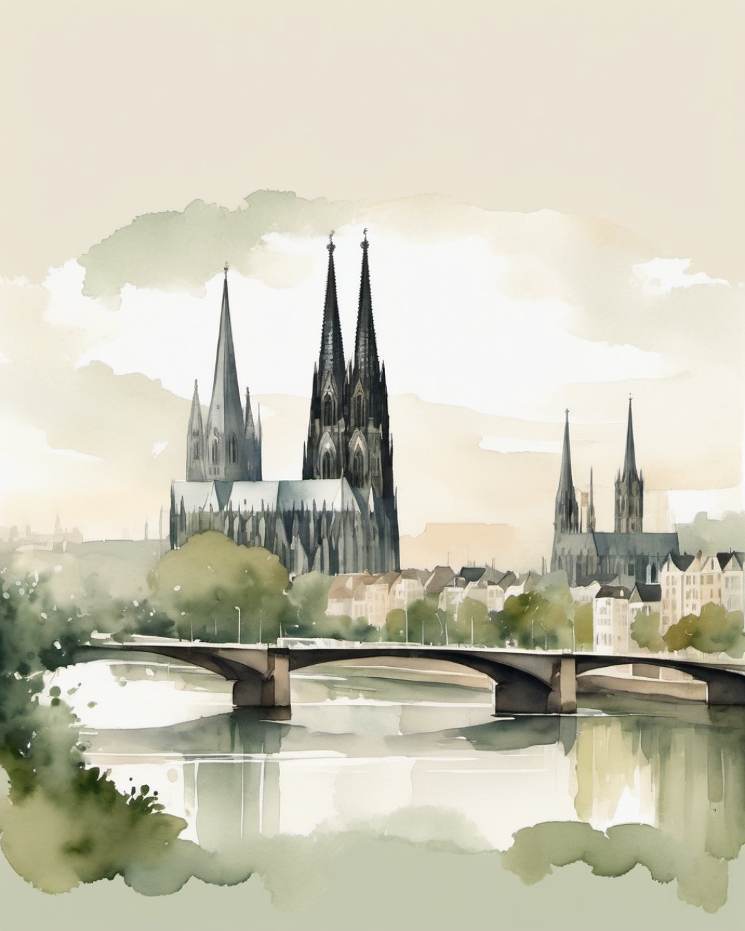 Watercolour of Rhine Bridges, Cologne
