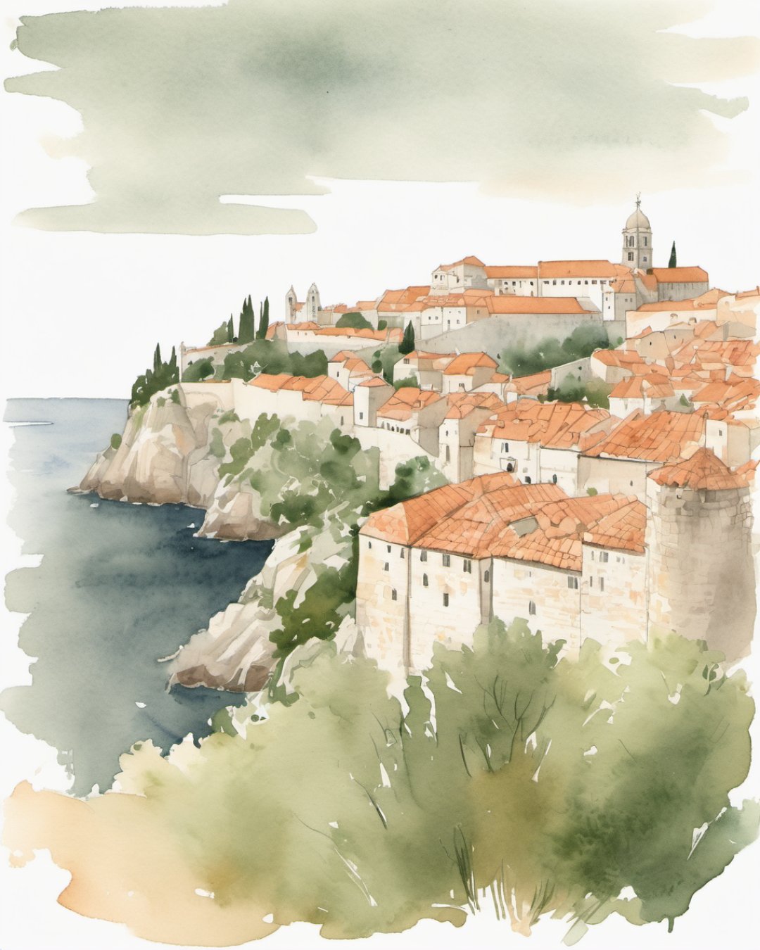 Watercolour of City Walls, Dubrovnik