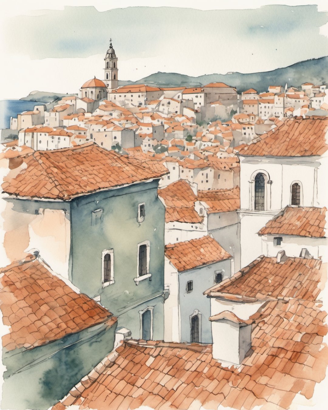 Watercolour of Old Town Rooftops, Dubrovnik
