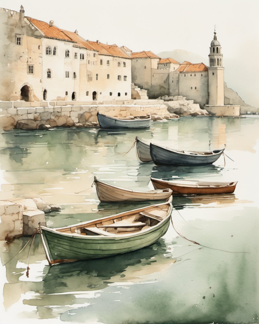 Watercolour of Old Harbour, Dubrovnik