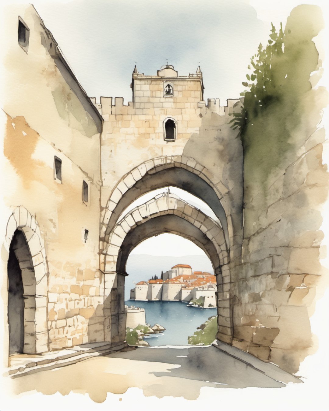 Watercolour of Pile Gate, Dubrovnik