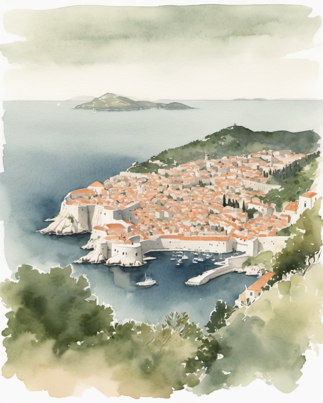 Watercolour of Cable Car View, Dubrovnik