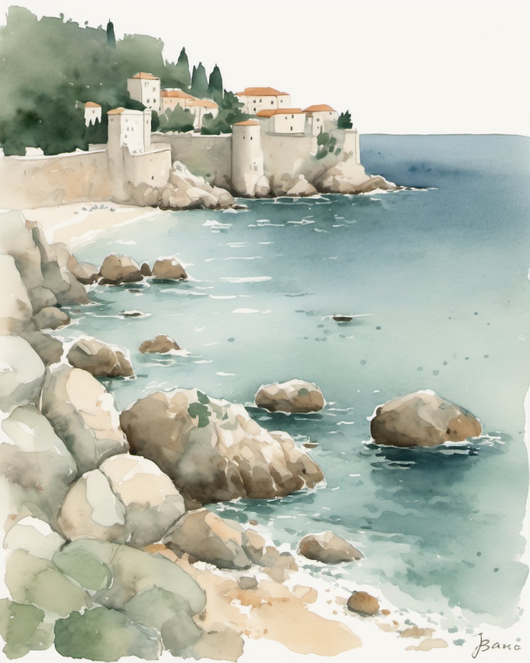 Watercolour of Banje Beach, Dubrovnik