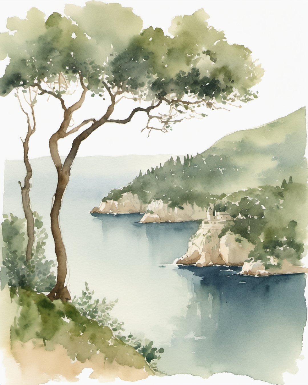 Watercolour of Lokrum Island, Dubrovnik
