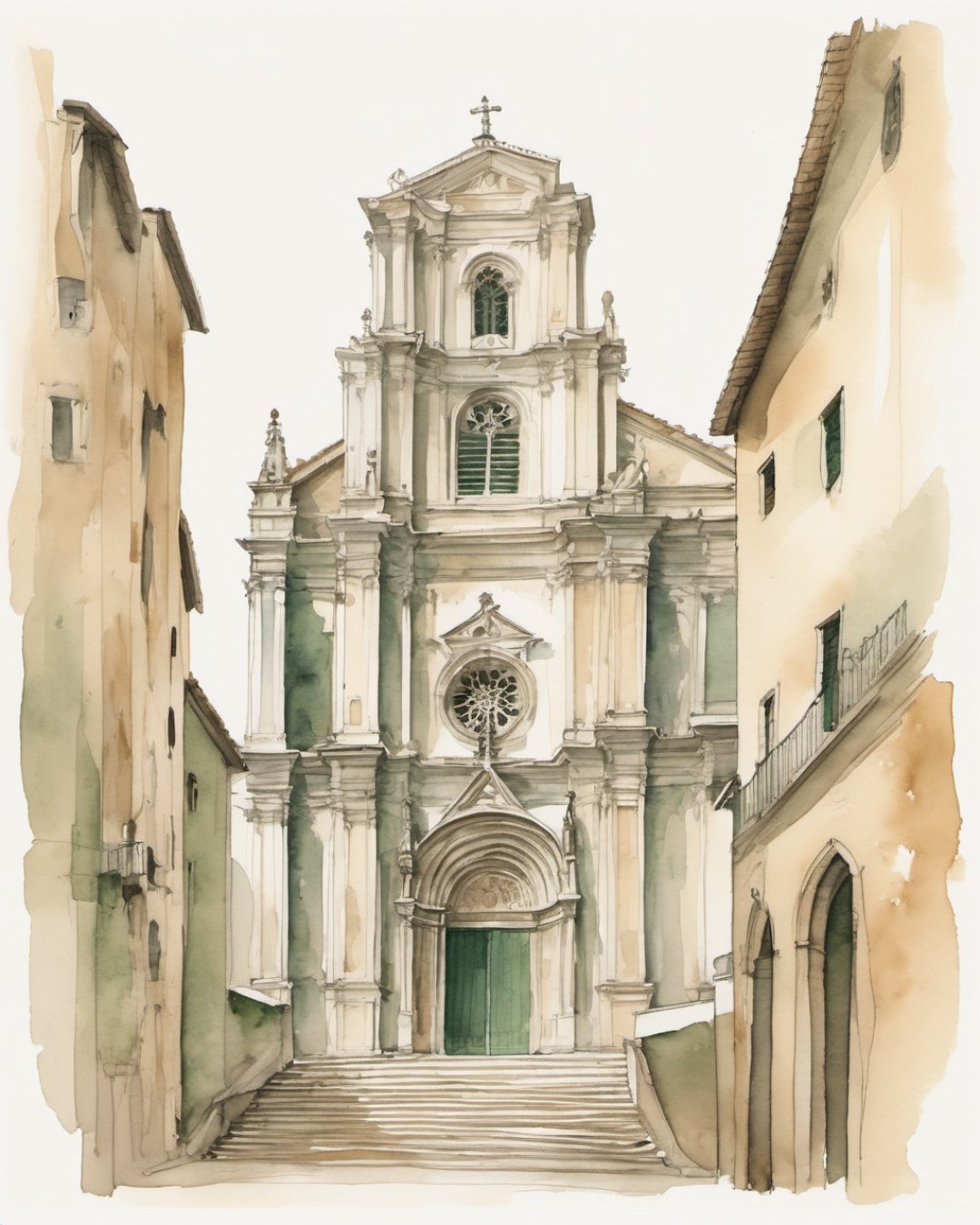 Watercolour of Girona Cathedral, Gerona