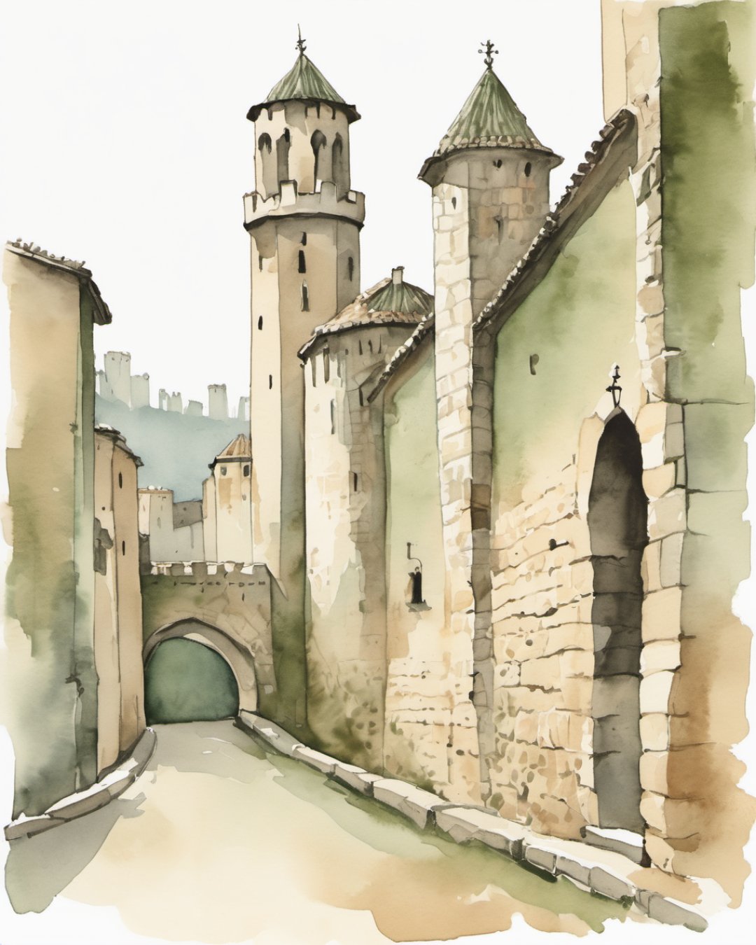 Watercolour of City Walls, Gerona