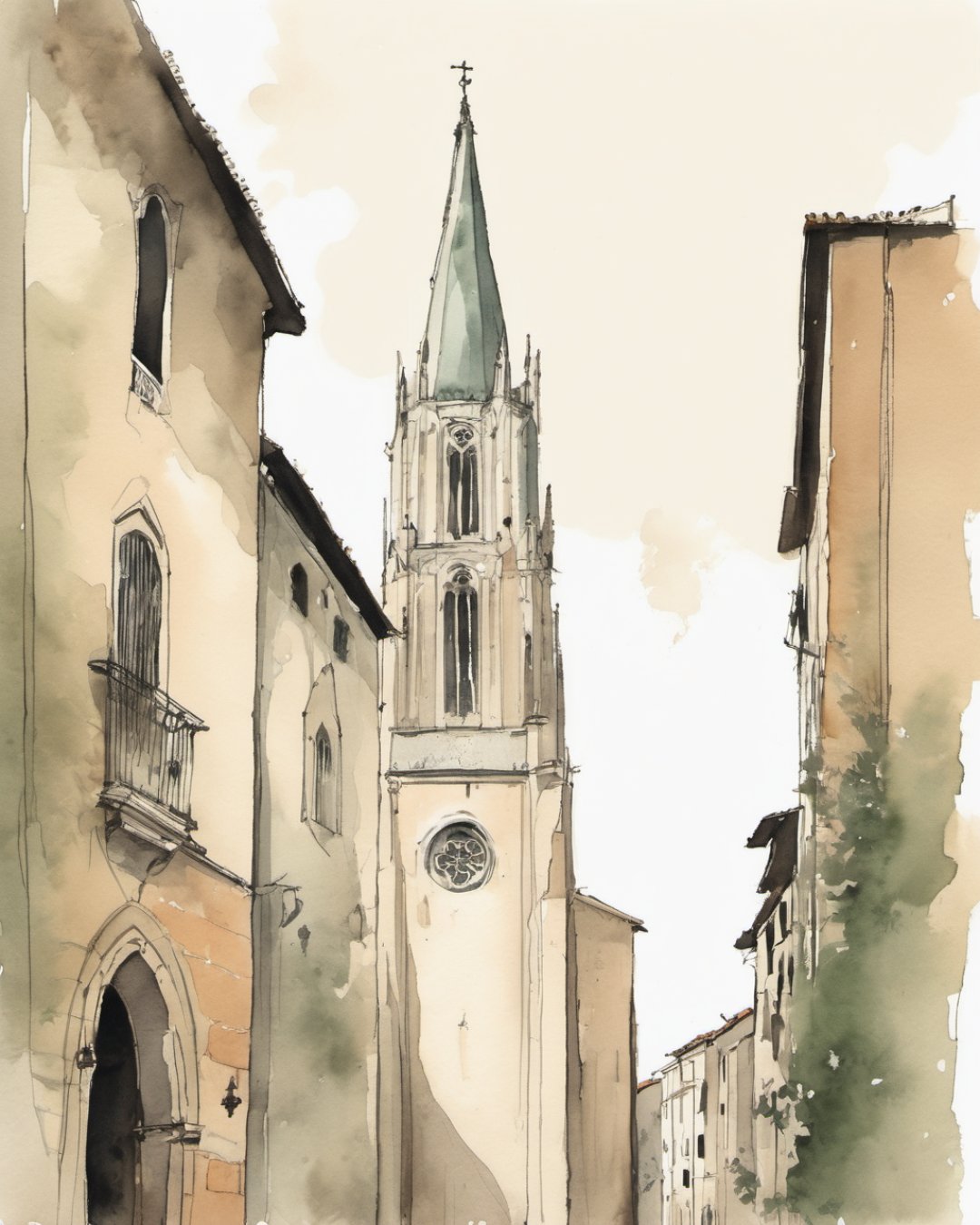 Watercolour of Sant Feliu Basilica, Gerona