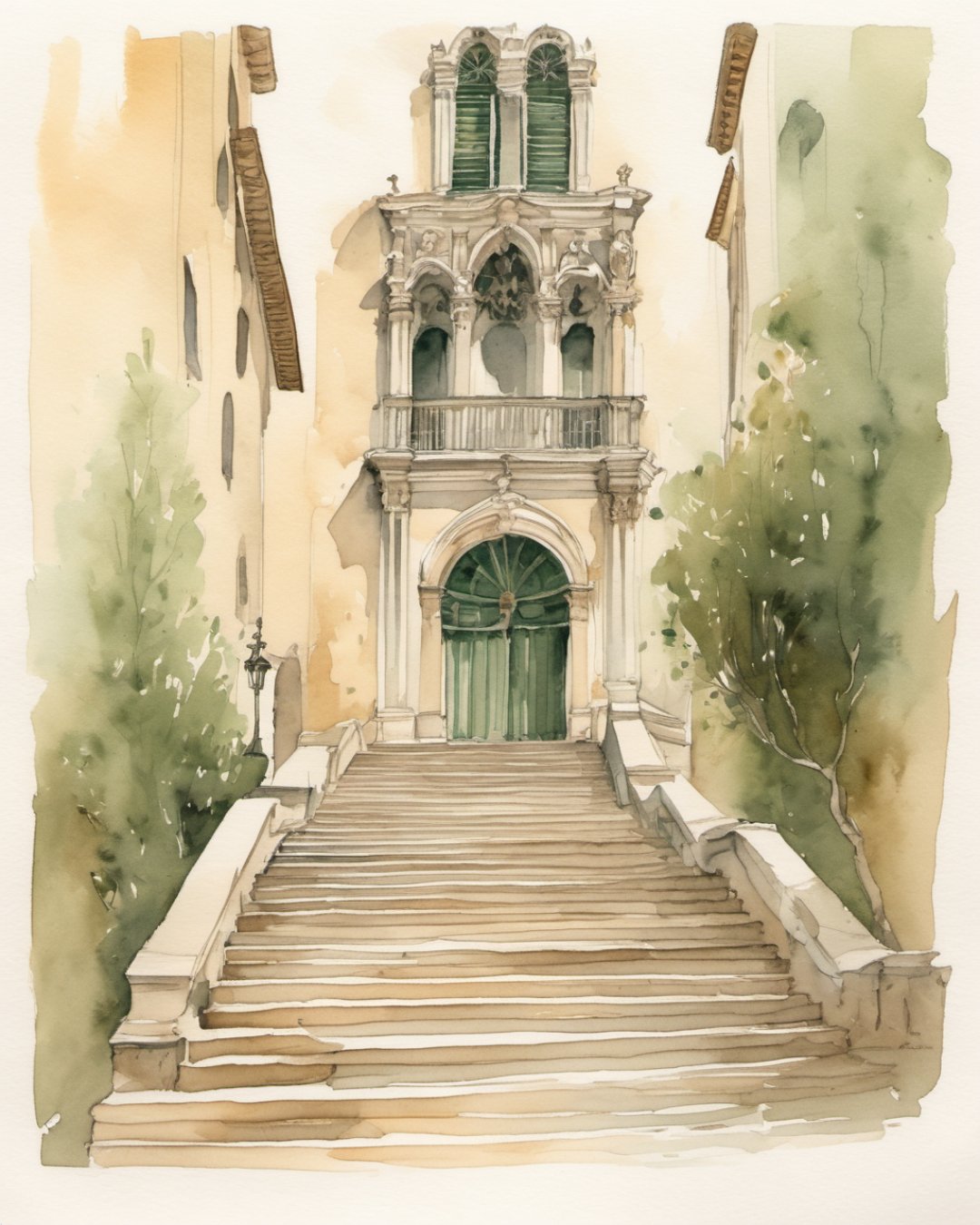 Watercolour of Cathedral Steps, Gerona