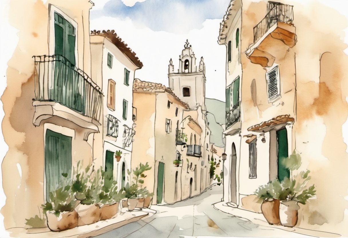 Watercolour scene of Ibiza
