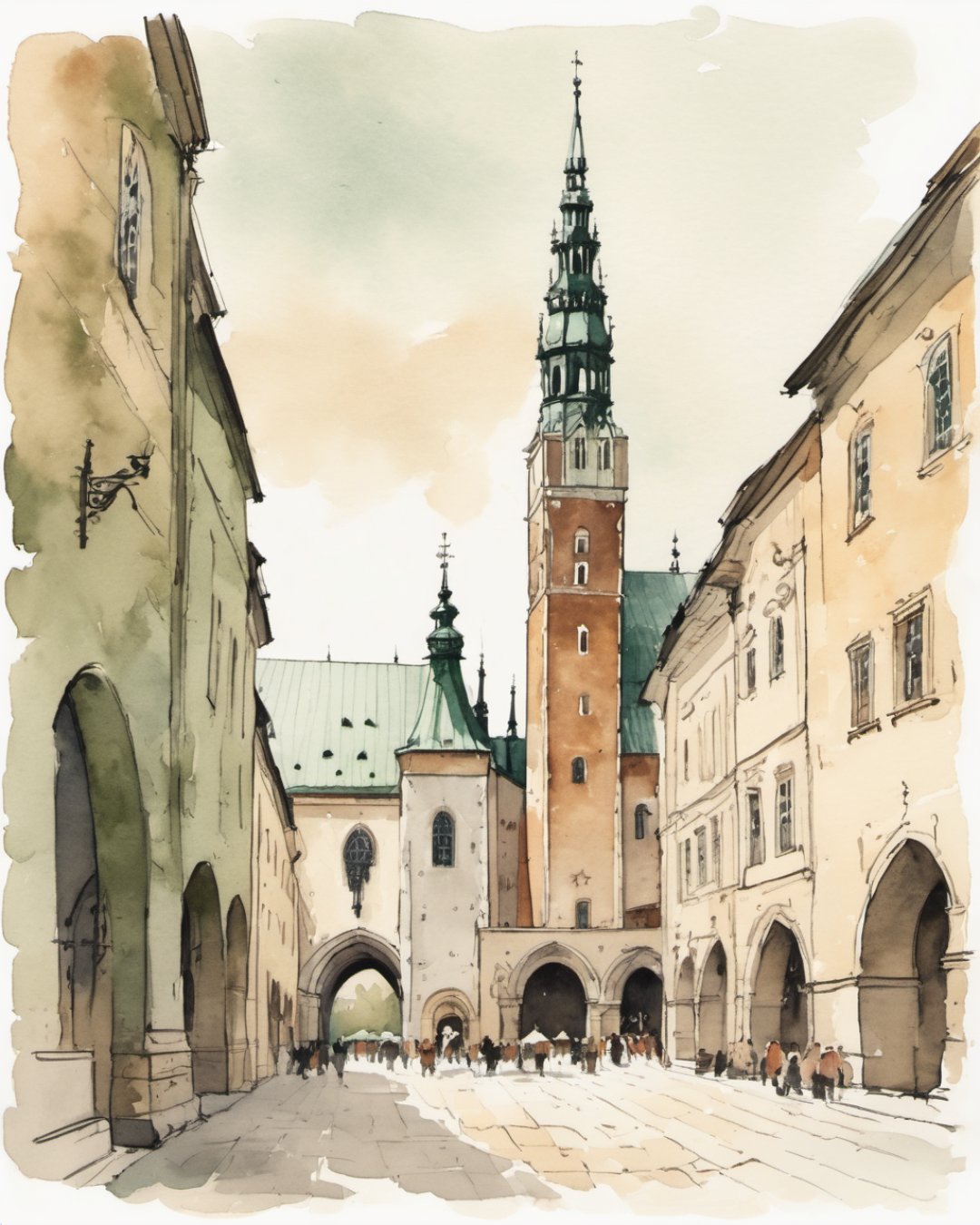 Watercolour of Main Market Square, Krakow
