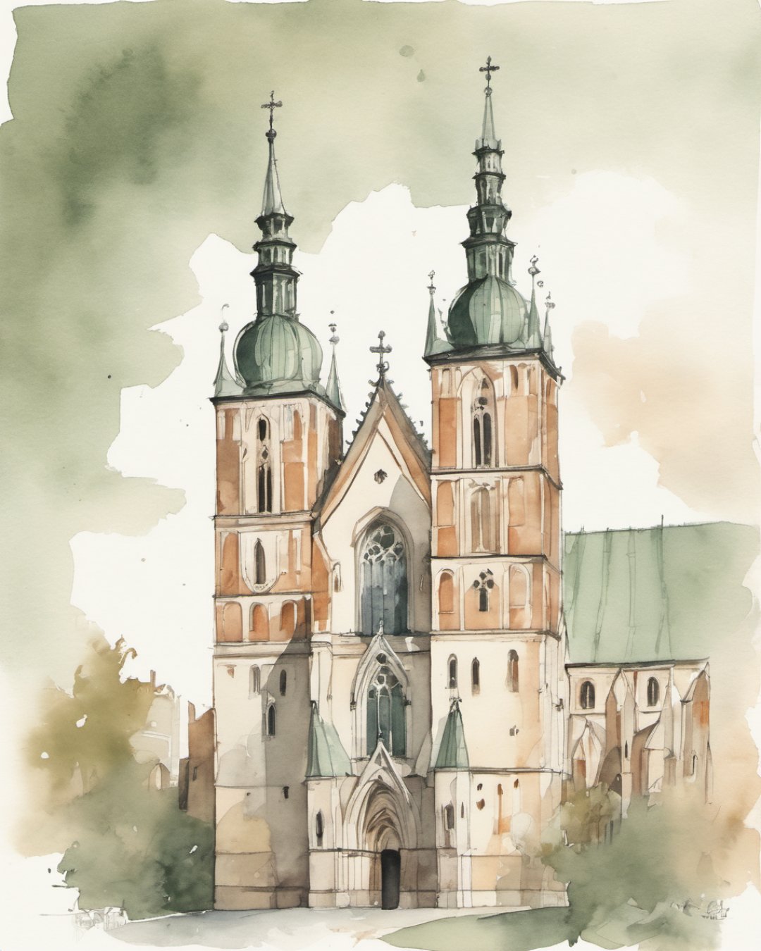 Watercolour of St Mary's Basilica, Krakow