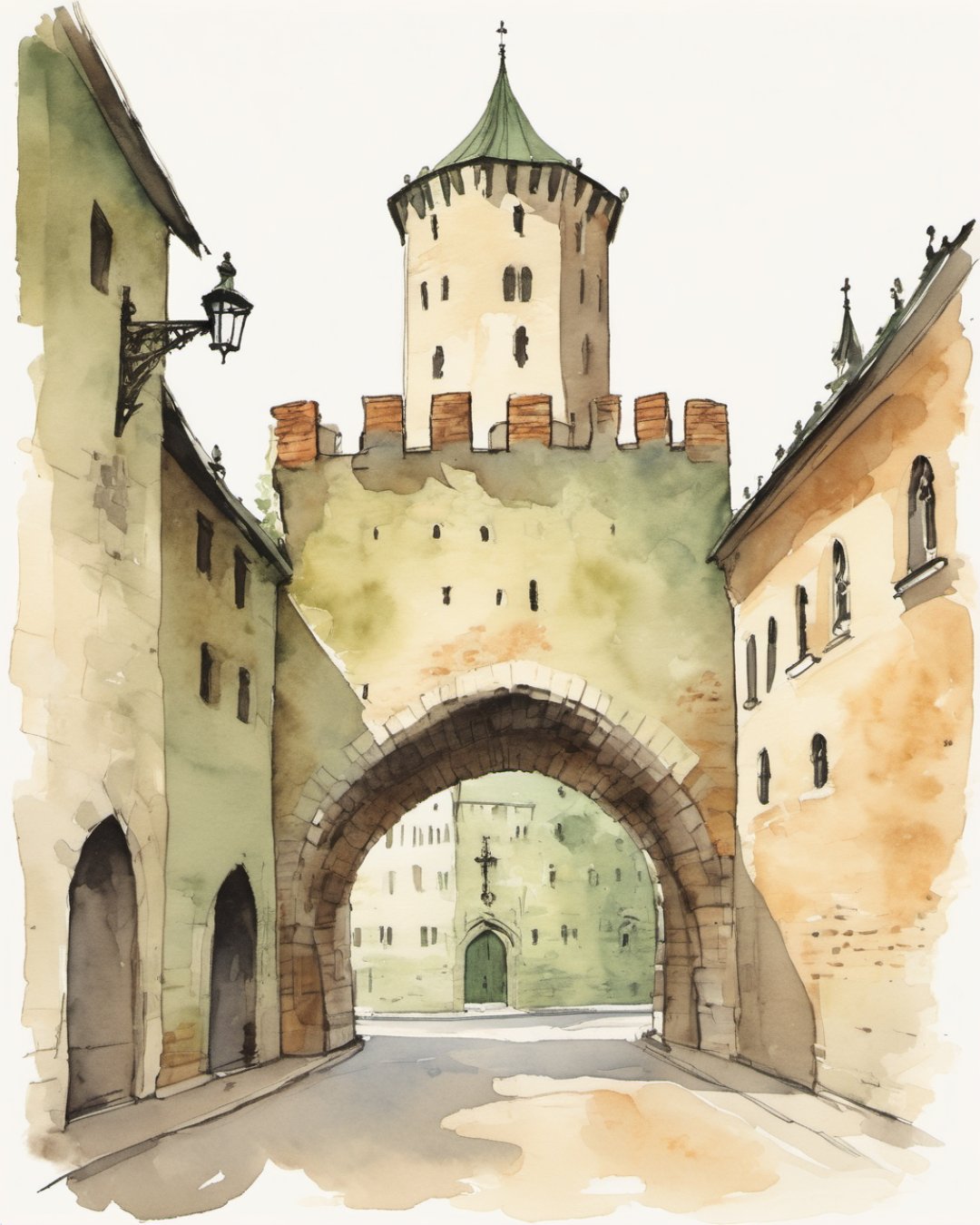 Watercolour of Florian Gate, Krakow
