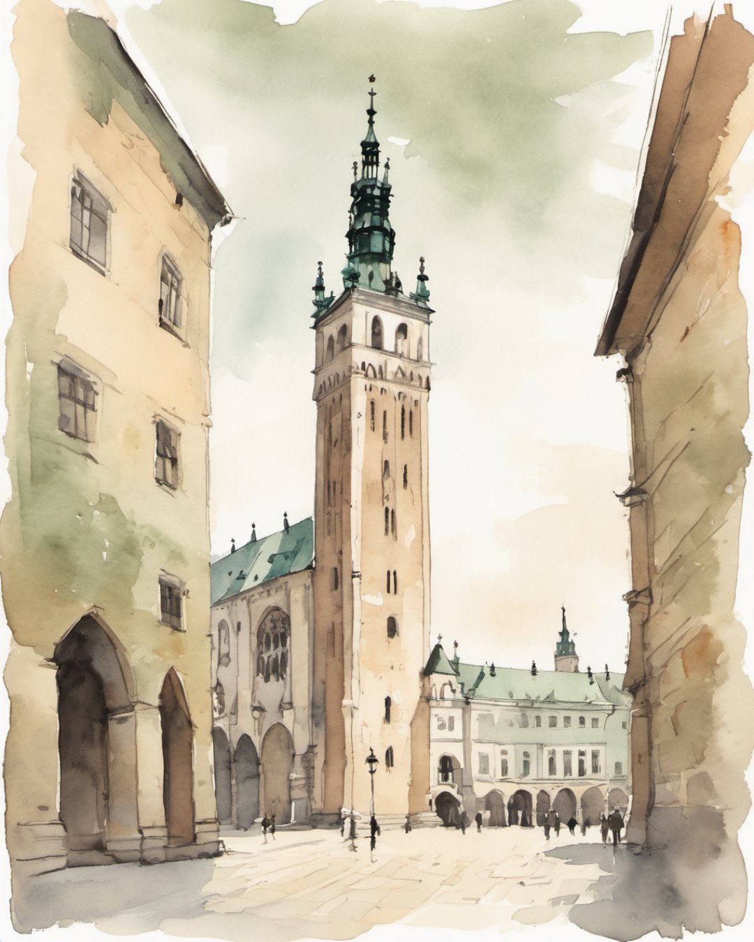 Watercolour of Town Hall Tower, Krakow