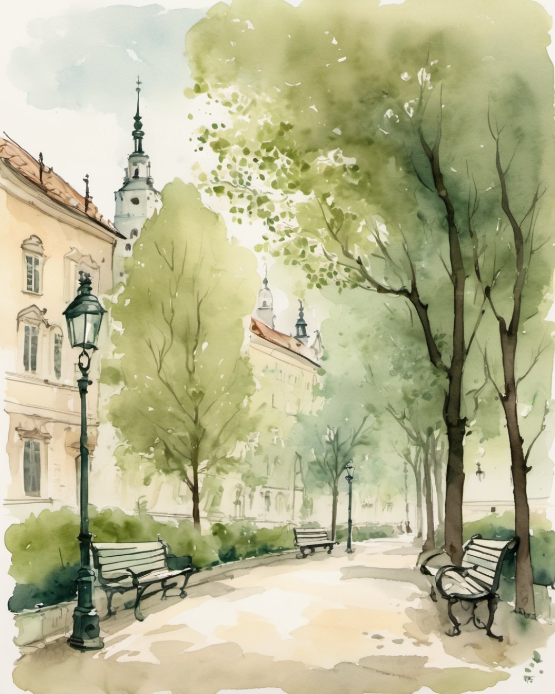Watercolour of Planty Park, Krakow