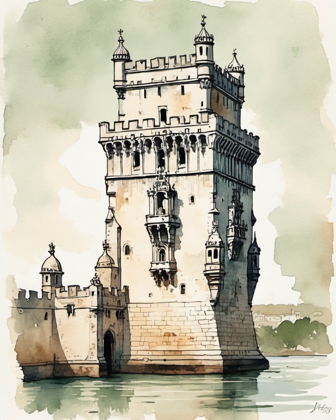 Watercolour of Belém Tower, Lisbon