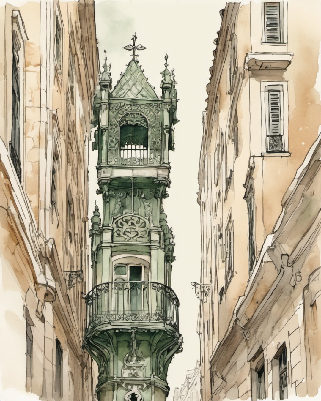 Watercolour of Santa Justa Lift, Lisbon