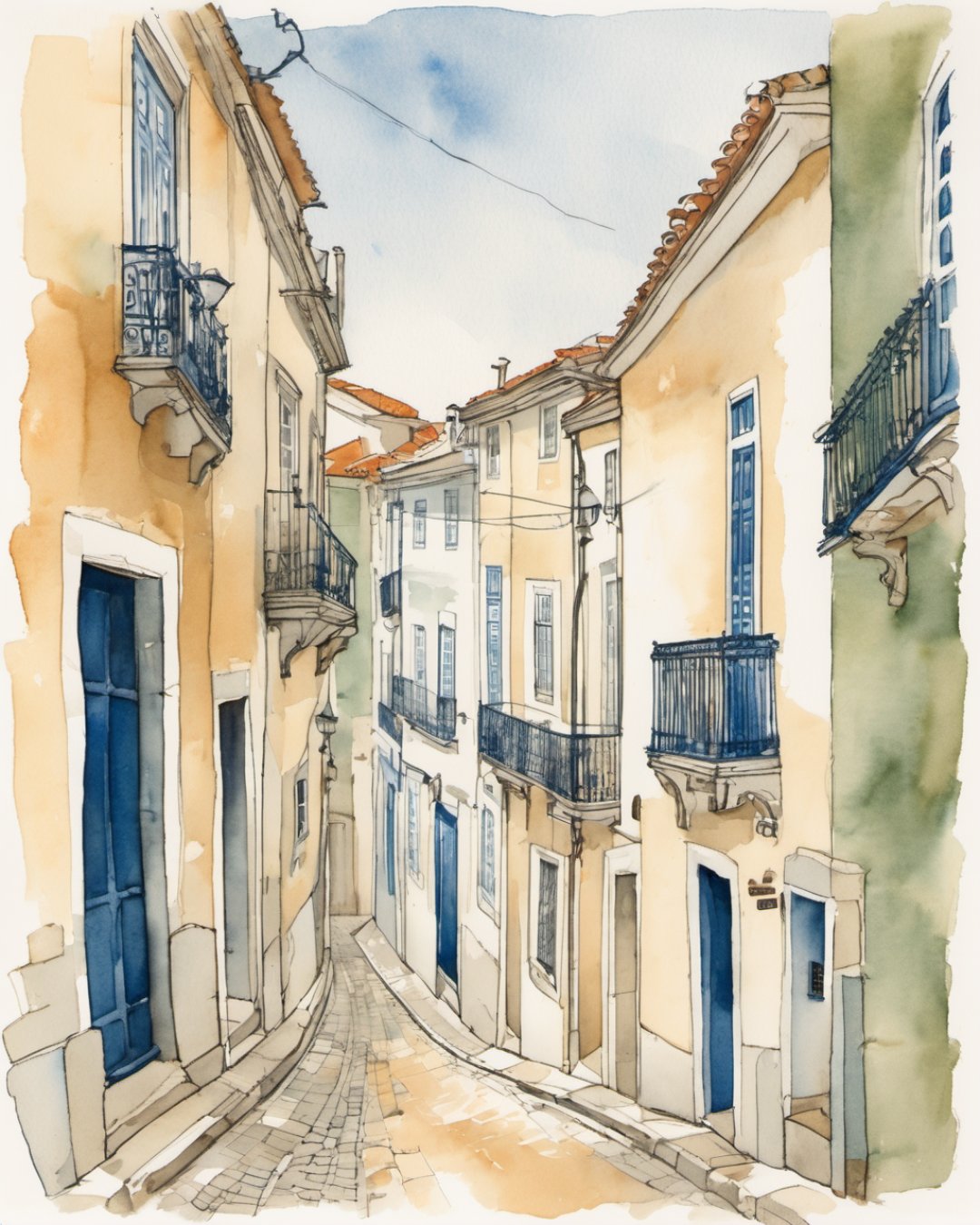 Watercolour of Azulejo Facades, Lisbon