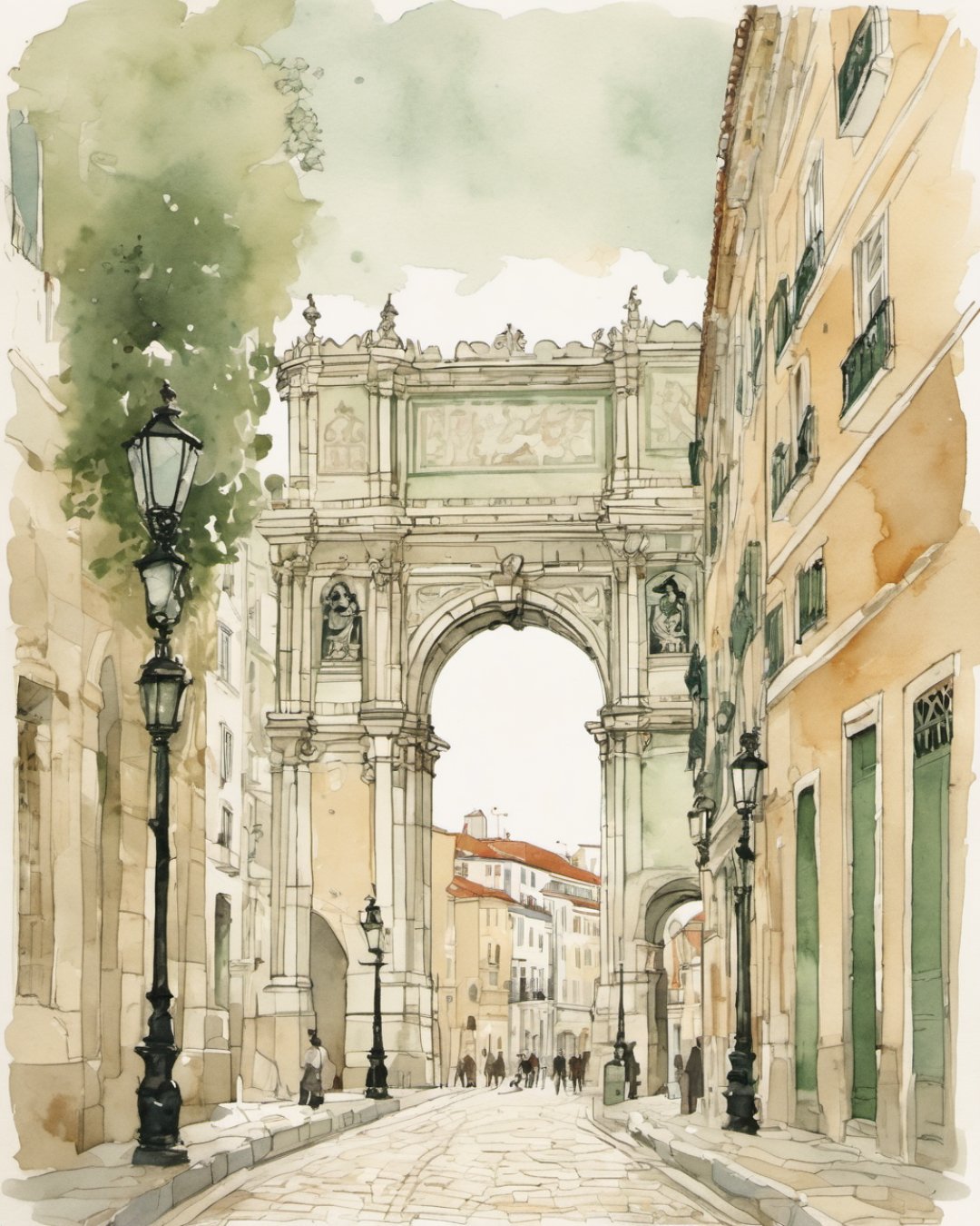 Watercolour of Rua Augusta Arch, Lisbon