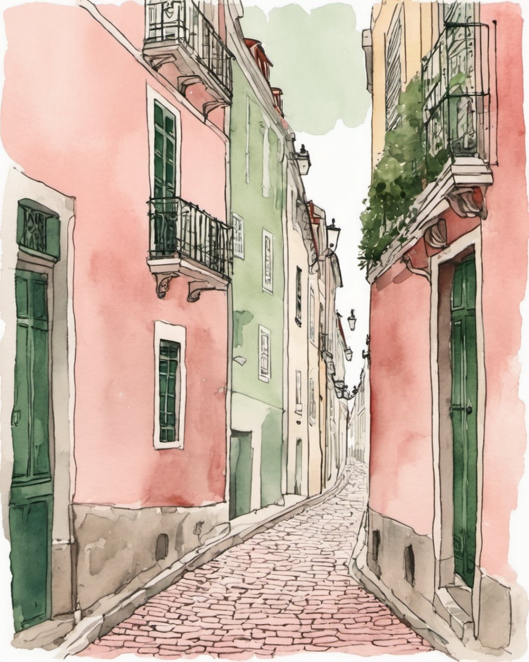 Watercolour of Pink Street, Lisbon