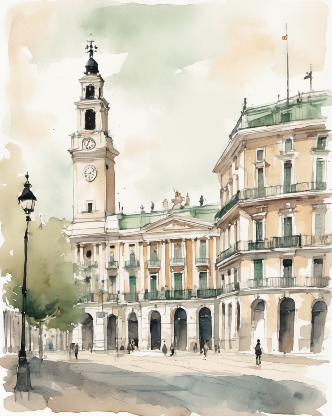 Watercolour of Puerta del Sol, Madrid