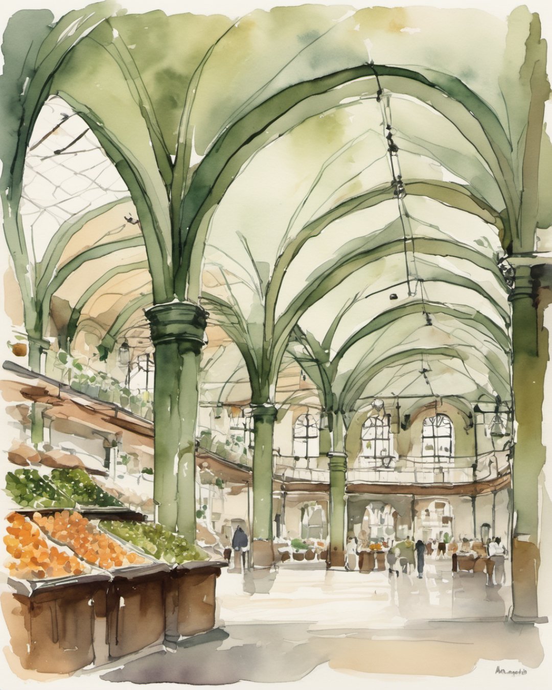 Watercolour of Mercado San Miguel, Madrid