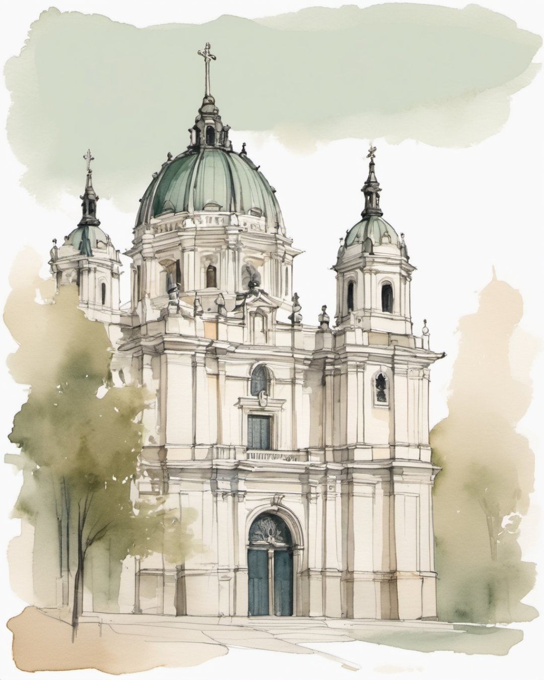 Watercolour of Almudena Cathedral, Madrid