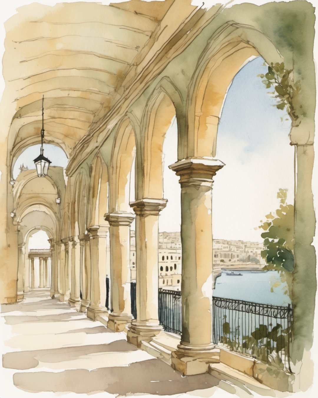 Watercolour of Upper Barrakka Gardens, Malta