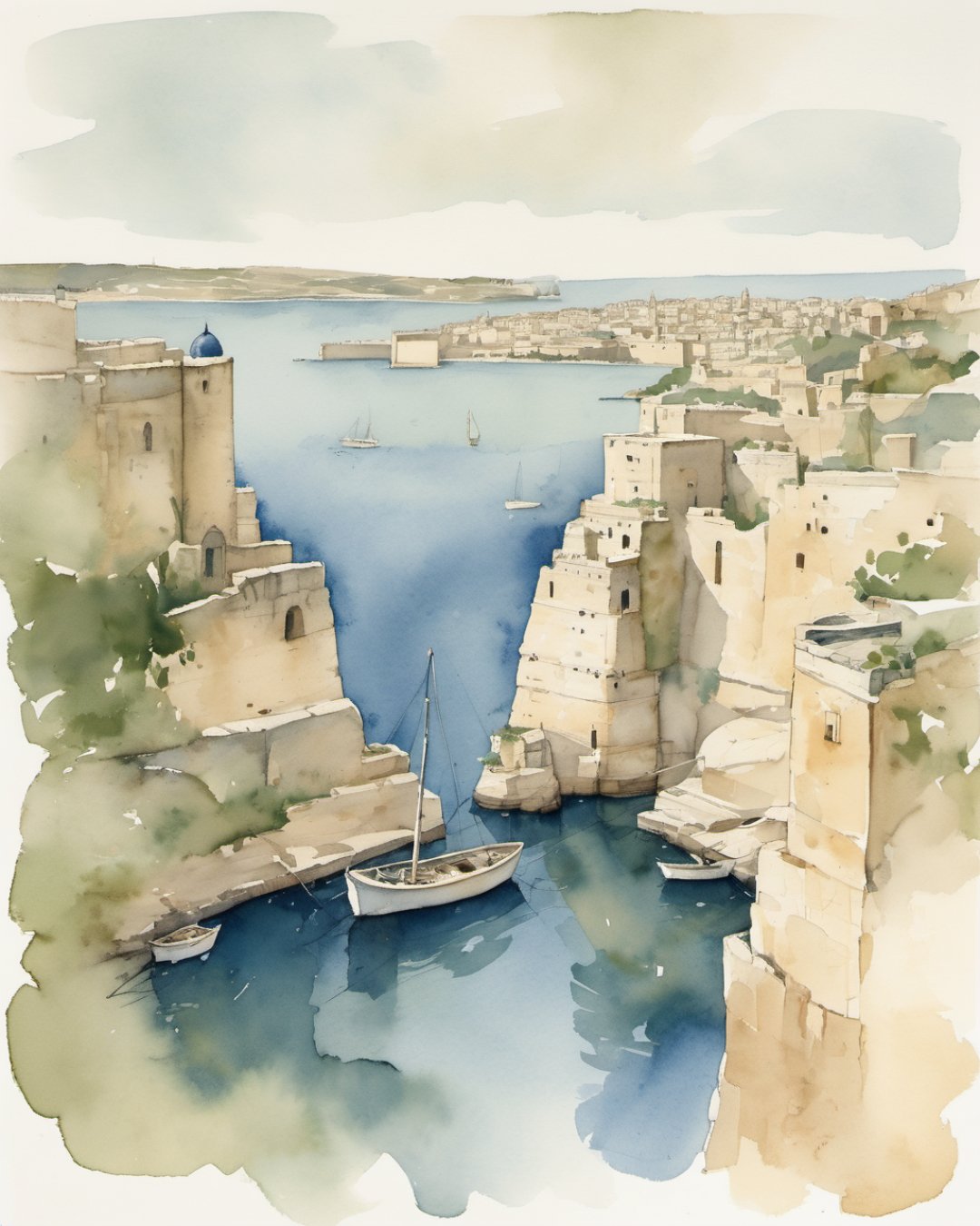Watercolour of Grand Harbour, Malta