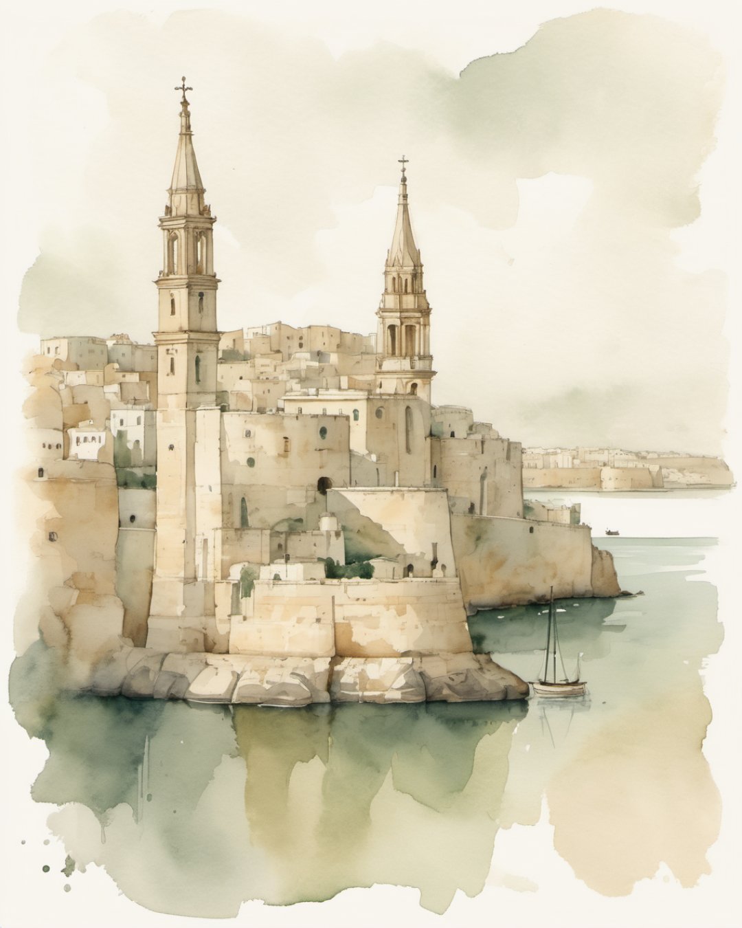 Watercolour of Three Cities, Malta