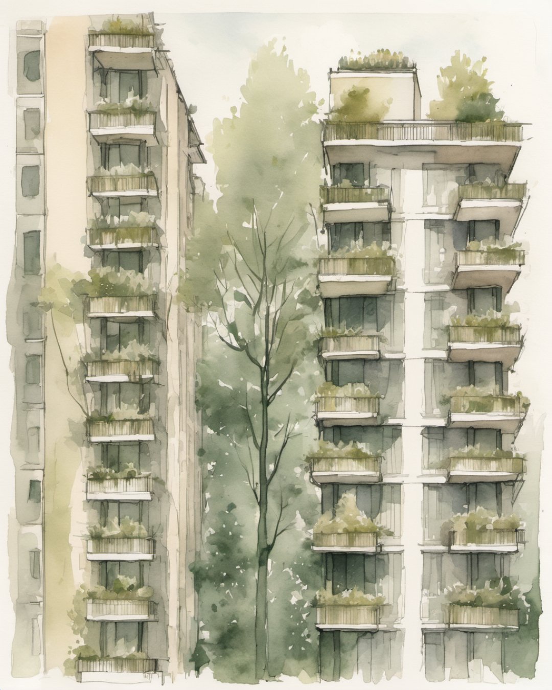 Watercolour of Bosco Verticale, Milano